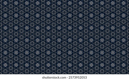 Abstract circle floral-like seamless pattern with mini geometric rhombus and kite in blue light n gray on dark blue background. Vector design for masculine male shirt lady dress cloth textile cover 