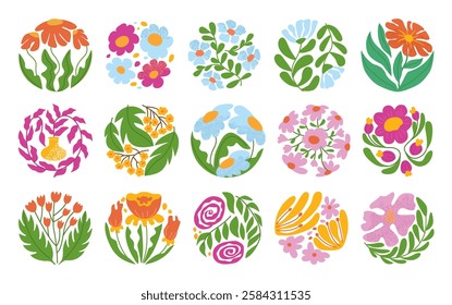 Abstract circle flower. Decorative blooming plant circular motifs with textured flowers and hand drawn leaves. Botanical coaster print designs with blooms and greenery vector illustration set.