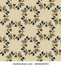Abstract circle form folk flower seamless pattern. Contrast dark nature ornament on beige background. Stock illustration. Vector design for textile, fabric, giftwrap, wallpapers.