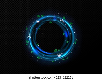 Abstract circle frame of blue wind or water wave with green leaves. Effect of clean, fresh air, spa concept with round border with tea leaves and sparkles, vector realistic illustration