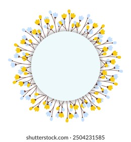 Abstract circle frame border with copy space inside and floral wreath of blossom twigs. Isolated