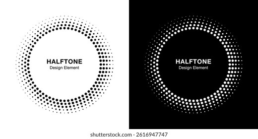 Abstract Circle Frame Halftone Dots Logo Emblem Design Element. Round Border Icon using gradient halftone circle dots pattern texture. Half tone emblem.