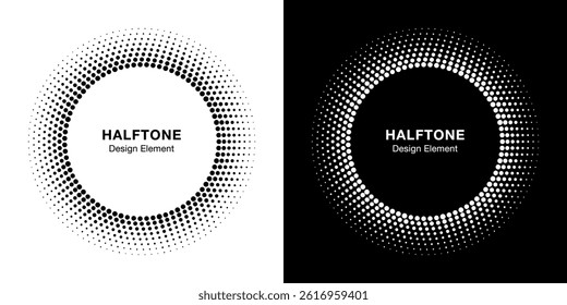 Abstract Circle Frame Halftone Dots Logo Emblem Design Element. Round Border Icon using gradient halftone circle dots pattern texture. Half tone emblem.