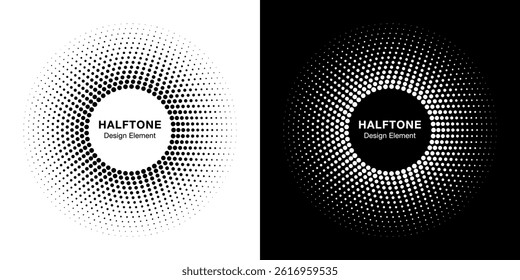 Abstract Circle Frame Halftone Dots Logo Emblem Design Element. Round Border Icon using gradient halftone circle dots pattern texture. Half tone emblem.