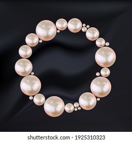 Abstract circle frame of pink pearls on silk black background. Vector Illustration EPS10