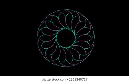 Abstract circle frame vector design element by colorful rotate pattern in trendy retro psychedelic style, 3d spiral light line glitch effect isolated on black background. Vector illustration
