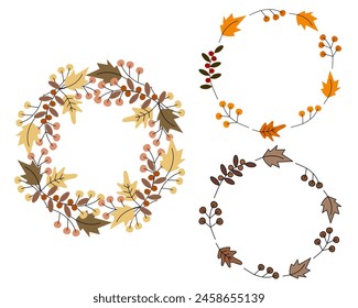 Abstract circle frames of autumn leaves and twigs in trendy shades Greetings design idea Copy space 