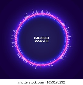 Abstract circle futuristic purple neon glowing equalizer sound wave. Vector template for electronic music poster or flyer or album cover. Vector illustration.