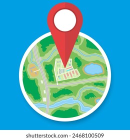 Abstract circle generic city or suburb map with roads, buildings, parks, river. Map with red marker pin. Vector illustration in flat style