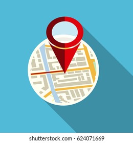 Abstract circle generic city or suburb map with roads, buildings, river. Map with red marker pin. Vector illustration in flat style