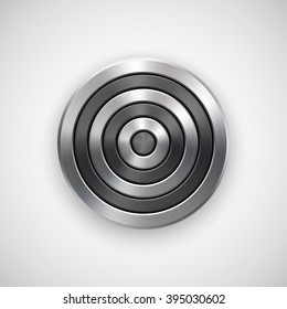 Abstract circle geometric badge, technology perforated button template with metal texture, chrome, silver, steel and realistic shadow for logo, design concepts, interfaces, apps. Vector illustration.