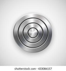 Abstract circle geometric badge, technology perforated button template with metal texture, chrome, silver, steel and realistic shadow for logo, design concepts, interfaces, apps. Vector illustration.