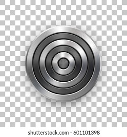 Abstract circle geometric badge, technology perforated button template with metal texture, chrome, silver, steel and realistic shadow for logo, design concepts, interfaces, apps. Vector illustration.