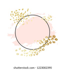 Abstract circle geometric vector background, brush illustration. Pink ink brush stroke with rich golden exotic leopard animal skin texture. Scandinavian style