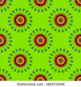 Abstract circle with geometrical patchwork damask pattern isolated on green.