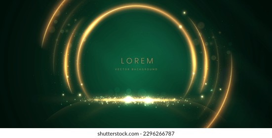 Abstract circle glowing gold lines on dark green  background with lighting effect and sparkle with copy space for text. Luxury design style. Vector illustration