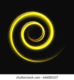 Abstract Circle Golden Shiny Waves, Glittering Concept Elements with Dust on a Black Background. Trendy Gold Sparkle. Template with Effects for Banner, Card, Logo, Poster. Vector Illustrations Design.