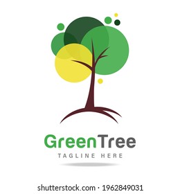 Abstraktes kreisgrünes Baumlogo mit runden Zweigstellen-Blättern auf dem Kofferraum mit Wurzeln.Design-Template-Firmensymbol, Öko-Bio-Ingenieurzeichen, Gartenlandschaftssymbol.Vektorgrafik.