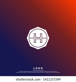 abstract circle H logo letter with line design concept. geometric octagonal stamp logotype. octagon business symbol. technology logo letter with purple and orange background color vector illustration