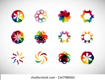 Abstract Circle Icon Set. Vector Isolated On Gray. Abstract Elements For Company Symbol, Flower Logo, Technology Icon And Element Design. Creative Circle Icons For Tech Logo. Abstract Round Elements