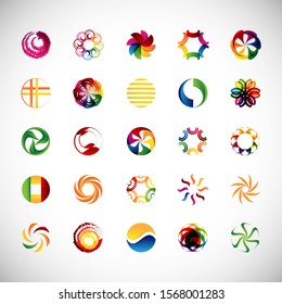 Abstract Circle Icon Set. Vector Isolated On Gray. Abstract Elements For Company Symbol, Flower Logo, Technology Icon And Element Design. Creative Circle Icons For Tech Logo. Abstract Round Elements