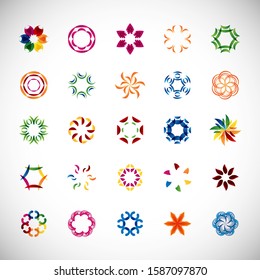 Abstract Circle Icon Set. Vector Isolated On Gray. Abstract Circular Logo For Company Symbol, Star, Tech Icon And Element Design. Creative Icons For Flower And Decorative Logo. Abstract Round Template