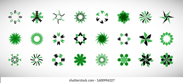 Abstract Circle Icon Set. Vector Isolated On Gray. Abstract Circular Logo For Company Symbol, Star, Tech Icon And Element Design. Creative Icons For Flower And Decorative Logo. Abstract Round Template