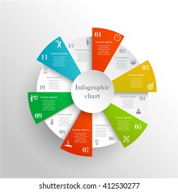 Abstract circle infographic with 12 options. Clean style. Can be used for workflow layout, parts, steps or processes, banner, chart, web design. Abstract background