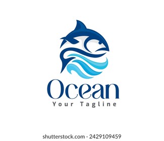 abstract circle jump fish on blue ocean water logo icon symbol design template illustration inspiration
