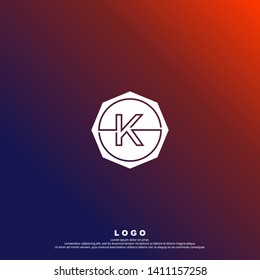 abstract circle K logo letter with line design concept. geometric octagonal stamp logotype. octagon business symbol. technology logo letter with purple and orange background color vector illustration
