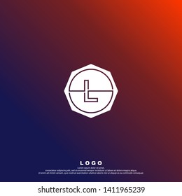 abstract circle L logo letter with line design concept. geometric octagonal stamp logotype. octagon business symbol. technology logo letter with purple and orange background color vector illustration