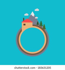 Abstract circle landscape, with simple blue background. Flat design. Minimal card, with house, trees, clouds, and mountain. Modern triangle elements. Easy to edit. Vector illustration - EPS10.