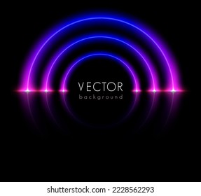 Abstract circle light neon glowing rings on black background, purple blue concentric laser light circles with copy space, vector illustration backdrop.