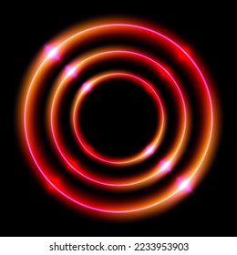 Abstract circle light neon glowing rings on black background, orange red concentric laser light circles with copy space, vector illustration backdrop.