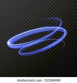 Abstract circle light trace effect. Vector blue neon ring swirl trail in speed motion. Glow luminous glitter shimmer trail. Light painting