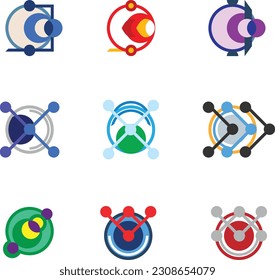 Abstract circle and line icon logos depicting drones, optics, and transport