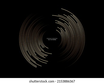 Resumen del patrón de línea circular girando la luz dorada aislada en el fondo negro en el concepto de música, tecnología, digital