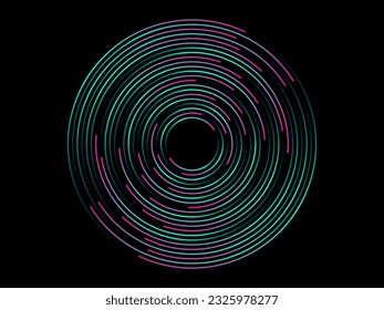 Abstract circle line pattern spin glitchy green light isolated on black background in the concept of music, technology, digital

