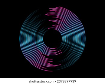 Abstract circle line pattern spin blue pink light isolated on black background in the concept of music, technology, digital