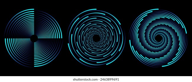 Abstract circle line pattern spin blue green light isolated on black background in the concept of music, technology, digital