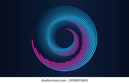 Abstract circle line pattern spin blue pink light isolated on black background in the concept of music, technology, digital