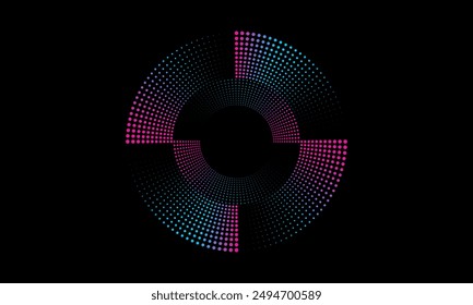 Abstract circle line pattern spin blue pink dots light isolated on black background in the concept of music, technology, digital