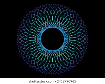 Abstract circle line round frame pattern spin blue green light isolated on black background in the concept of music, digital technology, modern science