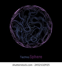 Abstract circle with lines concept on dark background. Contours  chaotic curving color lines on sphere.