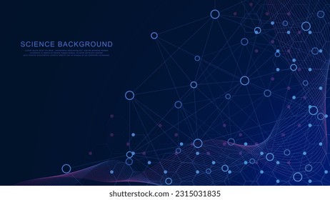 Resumen de la conexión de círculos y líneas con formas hexágonas y flujo de ondas. Investigación médica del ADN, genética, genoma y molécula. Antecedentes del concepto de ciencia y tecnología. Ilustración vectorial.