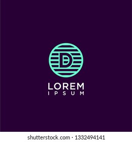 abstract circle lines D logo letter design concept in cyan color and purple background