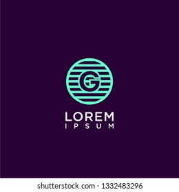 abstract circle lines G logo letter design concept in cyan color and purple background