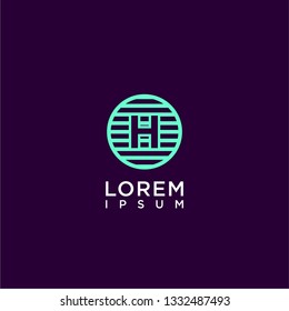 abstract circle lines H logo letter design concept in cyan color and purple background