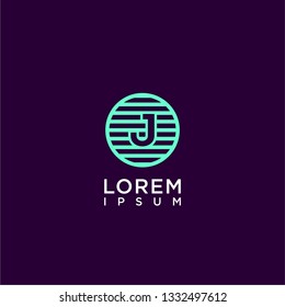 abstract circle lines J logo letter design concept in cyan color and purple background