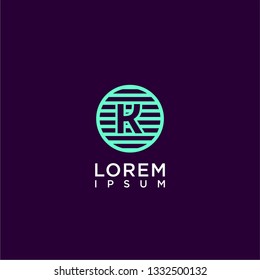 abstract circle lines K logo letter design concept in cyan color and purple background